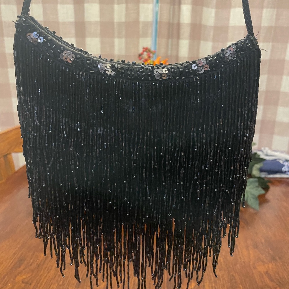 Lancome Black Mini Bag with Beaded Fringe - Picture 2 of 10